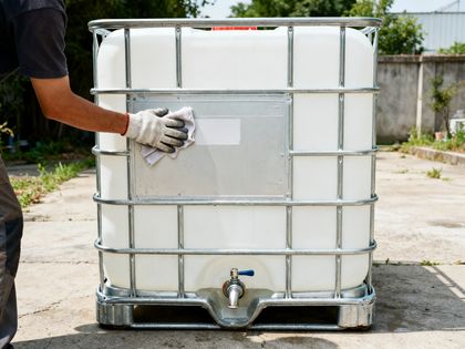 Weißer IBC-Container im Stahlgitterkäfig wird mit einem Tuch gereinigt