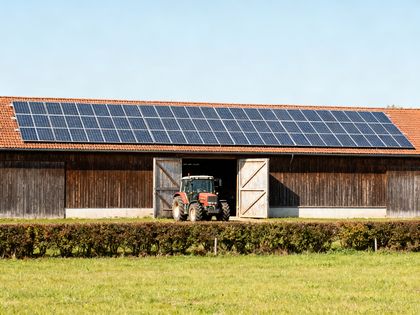 Photovoltaikmodule auf dem langen Dach einer Scheune, davor eine Wiese