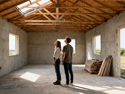 Junges Paar steht im unverputzten Rohbau und blickt zum offenen Dachstuhl