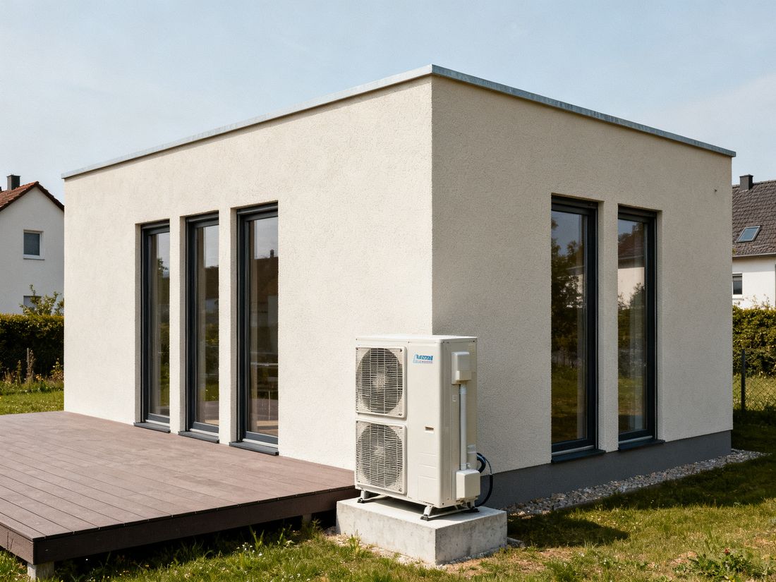 Kompaktes Einfamilienhaus mit Luftwärmepumpe neben der Terrasse